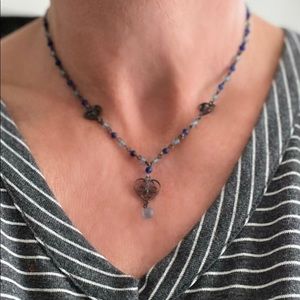 Vintage Blue Heart Necklace 19” Long